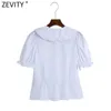 Zevity Women Sweet Agaric Lace Ruffles White Poplin Short Smock Blouse Office Lady Puff Sleeve Shirt Chic Blusas Tops LS9353 210603