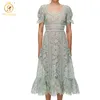 Mode Elegant Solid Lace Hollow Out Dress Women's Flared Sleeves Vintage Green Summer Dresses Vestidos 210520