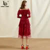 Créateur de mode d'été robe en dentelle rouge femmes à manches longues à volants en maille Patchwork robes de soirée élégantes 210522