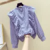 Корейский стиль осень моды женские оборманы синяя полоса рубашки женские женские длинные рукава блузки рубашки A2747 210428