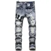 Indigo Blue Ripped Patch Hommes Jeans Mode Slim Fit Lavé Moto Denim Pantalon Panneaux Hip Hop Stretch Pantalon