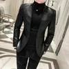 Solid Black Slim Fit Blazer Hombre Pu skórzana kurtka mężczyźni jeden guziki Busines