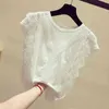 Люсивеев Корейский белый кружевной цветочные рубашки женские летние повседневные с коротким рукавом о-шеи шифоновая блузка женщина плюс размер дамы вершины 210521