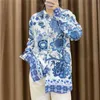 Китайский стиль женщины синие и белые печать рубашки моды дамы поворот вниз воротник топы уличные женские шикарные блузки 210527