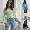 women's T-shirt front bandage back rubber band Lantern Sleeve straight neck waist short top Long Sleeve Chiffon shirt