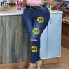 Byxor Kvinnor Solros Mönster Slim-Fit Fashion Denim Skinny Casual Solid Färghål Personlig Vetement Femme 210513