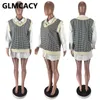여성 플러스 사이즈 houndstooth 인쇄 된 칼라 가짜 가짜 두 조각 드레스 210702