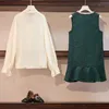 PEUT-U Femmes Vert Sans Manches Robe Solide Avec Col À Manches Longues Chemise Boutonnée Une Ligne Élégante Mini Robe Femme D1738 210529
