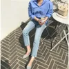 Blå koreansk vintage tvättad ankel längd jeans byxor kvinnor höga midja knappar-flyga casual mode raka byxor 210518