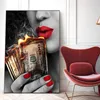 Sexy lábios vermelhos menina fogo dólar dinheiro cartazes e impressões pinturas em tela arte da parede fotos para sala de estar decoração casa quadros não 276v