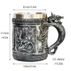 Retro Dragon Resin Stainless Steel Beer Mug Skull Knight Tankard Halloween Coffee Cup Creative Viking Tea Mug Pub Bar Decoration