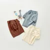 summer casual knit top solid color hollow girls round neck short sleeve T-shirt kids clothes 210702