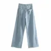 VUWWYV bleu Baggy déchiré jean pour femmes été jambe large femme taille haute mode Streetwear pantalon tourner vers le haut garniture 210430