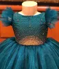 2021 Blu Navy In Rilievo Abito di Sfera Tutu Abiti per le Ragazze di Fiore di Modo di Tulle Elegante Lilttle Bambini Compleanno Pageant Abiti da Sposa