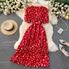 2021 Koreanische Rote Elegante Sexy Frauen Sommer Herbst V-ausschnitt Polka Dot Midi Taille Split Kleid Vestidos de Fiesta Kleidung 210325