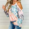 Sexy Off Shoulder Tie Dye Print T-shirts Women Fashion Casual Sling O Neck Lantern Long Sleeve Loose Tee Tops Autumn Female Tops 210507