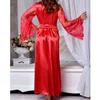 Women Lace Sleepwear Nightgown Satin Silk Robes Long Sleeve V-neck Bandage Female Sleep Dress