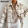 Beavant Casual Plaid Woman's Top Loak Drop Plound Filleve Blound Late Pocket Top High Street Style Осенняя теплая рубашка 210709