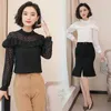 Primavera otoño camisa de onda coreana blanco negro sólido gasa manga larga blusas de mujer hueco floral mujeres tops 6544 50 210527
