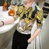 LDALEAL KOREAN SEXY LEUPARD PRINT SHIRT HEREN Mannen Half mouw Slanke Fit Floral Shirts Nacht Club Party Prom Tuxedo Jurk Heren Casual