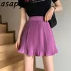 Mini Purple Slim High Waist Ruffles Pleated Skirt Women Fashion Summer Chic Korean Faldas Mujer Moda Solid Elegant Sexy Sweet 210429