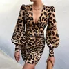 Women Sexy Deep V Neck Floral Print Long Lantern Sleeve Ruched Dress Summer Elegant Female Bodycon Party Dress Vestido 220311