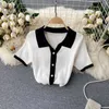 Kort ärm Polo Shirt Kvinnor Fashion Summer Buttons Stick Cardigan Crop Top Color Match Slim Stretch Casual Womens T Tops 210603