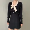 Nomikuma koreansk båge slips o-nacke stickad kappa höst vinter nya långärmad kvinna knitwear kausal elegant tröja cardigan 6d107 210427