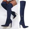 Boots Mature Dark Blue Stretch Long Pointy Toe High Heel Women Shoes Suede Leather Over The Knee Skintight