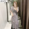 Zevity Kobiety Eleganckie V Neck Floral Print Pleat Ruffles Midi Sukienka Kobieta Koronki Patchwork Elastyczne Vestido Chic Boho Sukienki DS8332 210603