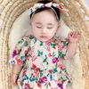 Baby girls rompers kläder bodysuits kortärmad lila blomma sommar spädbarn bodysuit 210429