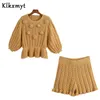 Klkxmyt set da donna ins blogger vintage o-collo texture splicing maglione lavorato a maglia sexy e pantaloncini in maglia set da due pezzi da donna 210527