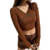 Women's T-Shirt Fashion Spring 2021 Female Crop Top Solid Color V-Neck Long Sleeve Base T-Shirts Pullover For Fall Brown High Quality Cotton