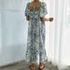 Chic Elegant Back Hollow Out Lace Up Floral Square Collar Flying Sleeve Klänning Kvinnor Skriv ut Lös Ruffled Retro Sommar Fashion 210610