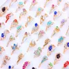 Wholesale Lots Mixed Style 50Pcs Rings Band Colorful Flower CZ Rhinestone Golden Ring Wedding Engagement Gift Fashion Jewelry