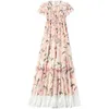 Summer Runway Floral Patchwork Lace Chiffon Pink Maxi Dress Women Short Sleeve Elegant Lilies Printed Beach Boho Sundresss 210514