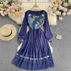 Spring Product Retro Vacation Vestidos Female Embroidered Round Neck Puff Sleeve Waist Slimming Ethnic Midi Dress GK641 210506