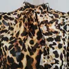 Casual Leopard Imprimir Chiffon Blouse Mulheres Lace Up Bow Pescoço Puff Longa Manga Longa Tops Feminino Vintage Moda Primavera Roupas 210531