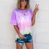 T-shirt violet Tie-Dye O-Cou Manches courtes Été Femmes Coton Dégradé Imprimé Pull Lâche Tee Shirt Femme Oversize 210604