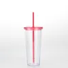 24 oz klara plast tumblers kopp dubbel vägg plast kall dryck tumbler med halm och lock wll886