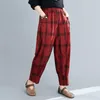 Printemps automne Arts Style femmes taille élastique lâche Vintage pantalon coton lin Plaid décontracté Harem grande taille S46 210512