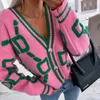 Cárdigan de punto con cuello de pico para mujer, cárdigan holgado de invierno, moda femenina, prenda de punto de una sola botonadura, cárdigan informal de manga larga con letras