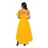 Sukienka Assymetryczna Kobiety Żółty Bez Rękawów Flary Plisowany wieczór Party świętować Damskie sukienki zdarzeń Plus Size XXL z Bowtie 210527