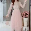 Autumn Mesh Dress with Belt Sequins and Pearl Dresses Women Pink V-neck Elastic High Waist Flare Long Sleeve Vestidos 12025 210506