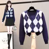 Outono manga comprida vintage argyle suéter v-pescoço curto xadrez mulher s inverno fabrigado cardigan tops 11718 210512