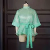 Green Listrado Blusas Mulheres Ruffles Sexy Fina Fina Cintura Transparente Cinto Tops Camisa Plus Size Fashion Party Data Clubwear 210527