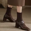 Outono inverno novo estilo de malha lã senhoras elegantes alongamento botas confortáveis ​​meados de salto quadrado dedo do pé espessura moda meias boot