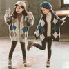 어린이 소녀 스웨터 가을과 겨울 한국 격자 무늬 니트 카디건 큰 아이들 유럽과 미국 다이아몬드 재킷 210913