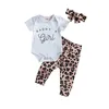 Emmababy 2021 primavera 0-18m Baby Girl 3pcs set paizinho de manga curta letra impressão bodyit + leopard calça + headband 2 cores conjuntos de roupas