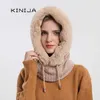 冬の毛皮のキャップマスクセット女性ニットカシミヤネック暖かいロシア屋外のスキー防風帽子厚い豪華なふわふわ豆211228